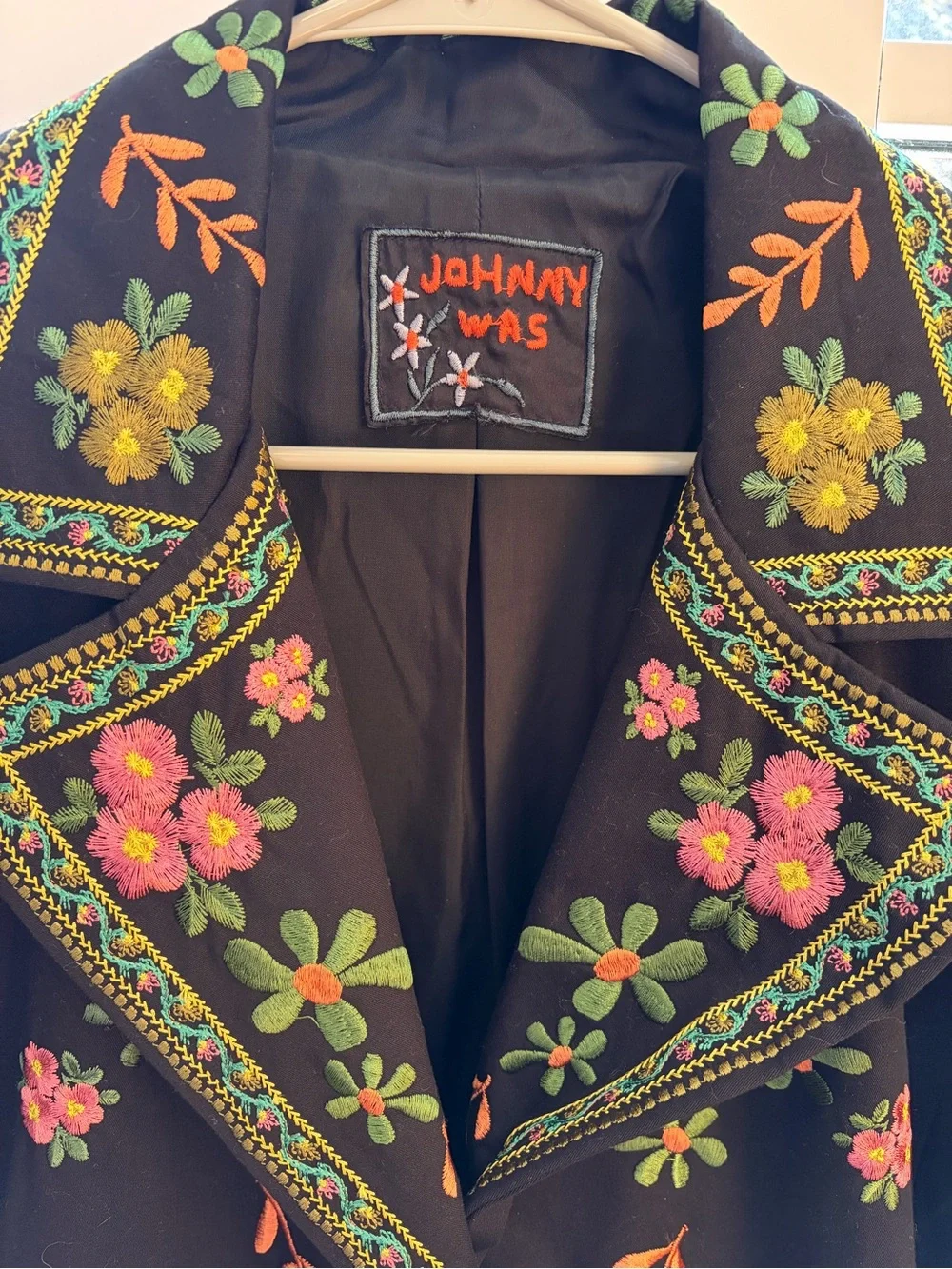 Johnny Was Black Jacket Duster Pink Yellow and Green Floral Embroidery Coat $399 - Picture 3 of 8